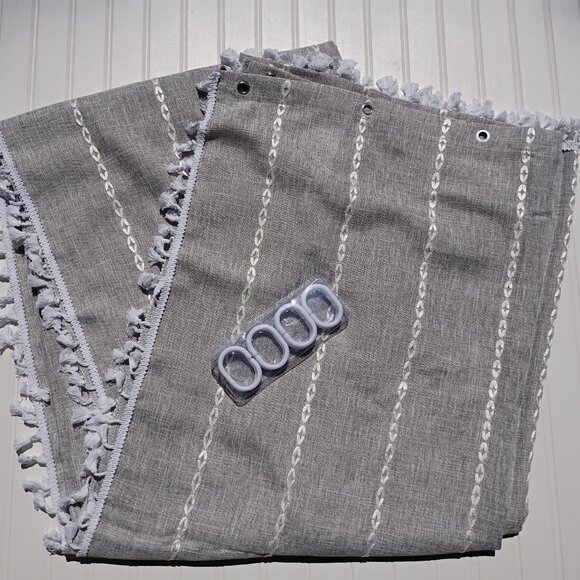 Boho Linen Shower Curtain Gray Extra Long Embroidered Tassels 73 x 96 Farmhouse - Picture 14 of 15